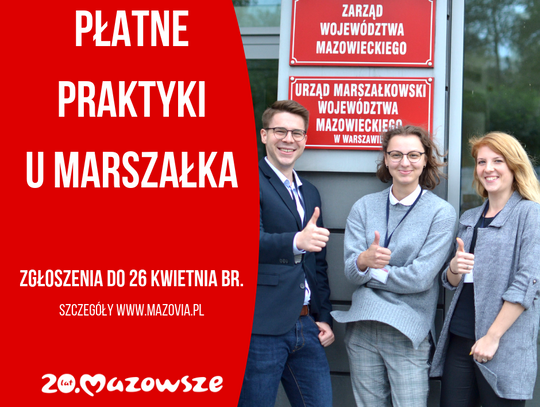 Praktyki u Marszałka - ruszył nabór wniosków - 7 dni na Mazowszu