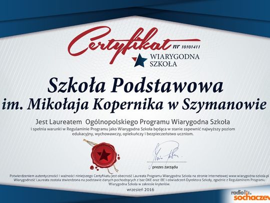 Szymanów: SP im. Mikołaja Kopernika została laureatem Programu Wiarygodna Szkoła
