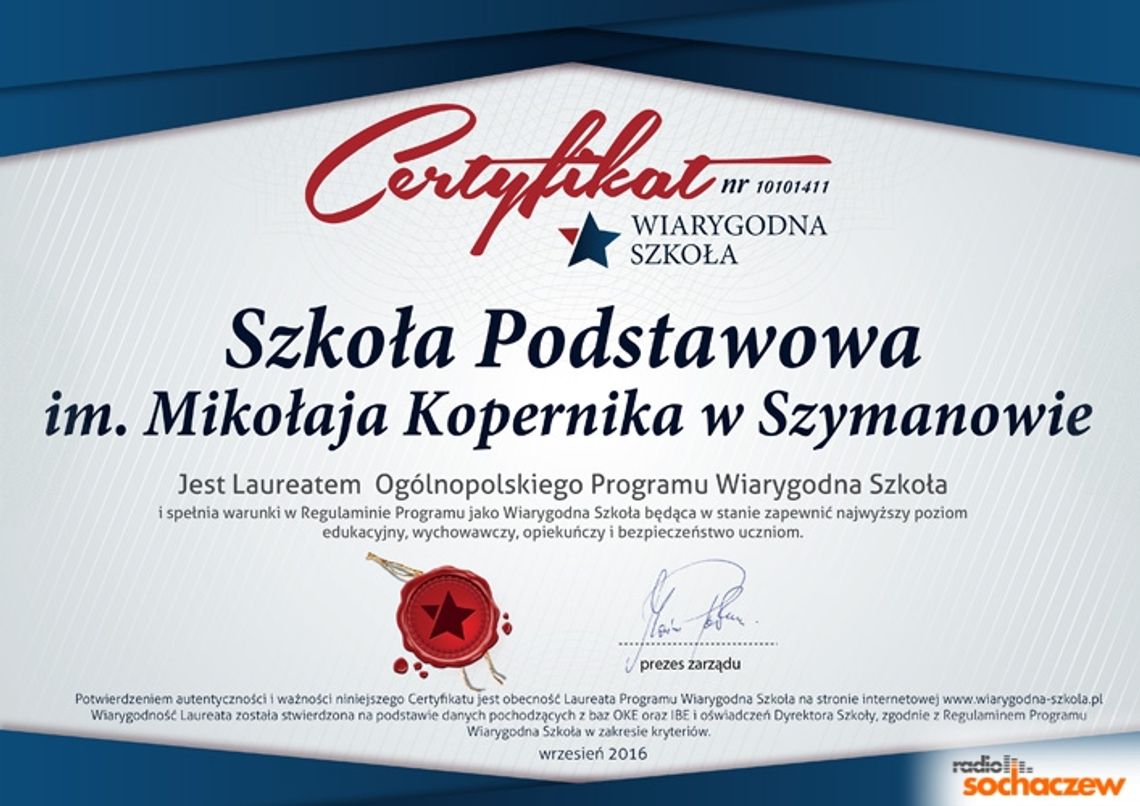 Szymanów: SP im. Mikołaja Kopernika została laureatem Programu Wiarygodna Szkoła