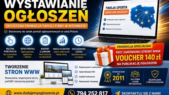 Ogłoszenia internetowe publikowane za Ciebie + Tanie strony Internetowe