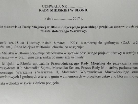 Stanowisko rady miasta i gminy Błonie w sprawie poselskiego projektu ustawy o ustroju stolicy